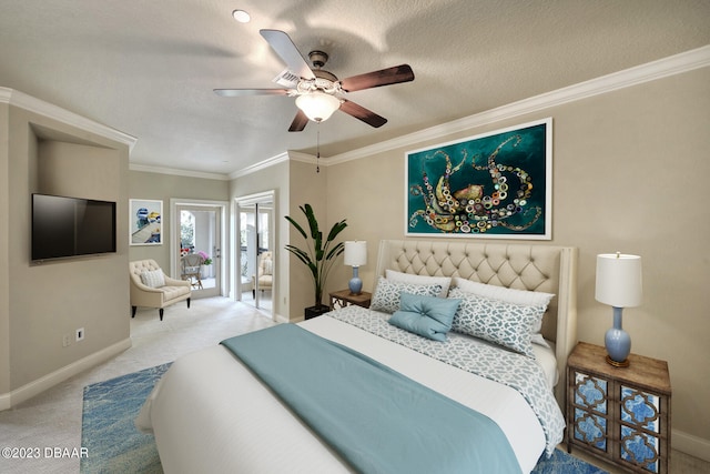 bedroom featuring ornamental molding, a textured ceiling, light carpet, and ceiling fan