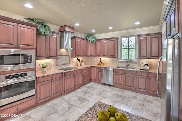 kitchen with wall chimney range hood, appliances with stainless steel finishes, backsplash, light stone countertops, and sink