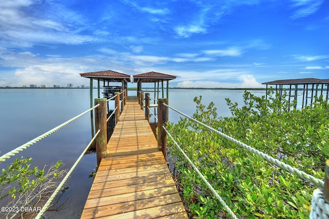 view of dock with a water view