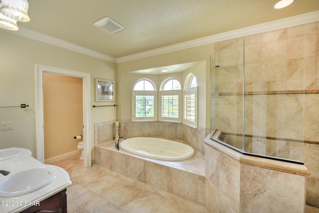 full bathroom featuring ornamental molding, a textured ceiling, independent shower and bath, vanity, and toilet