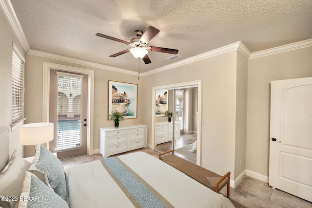 tiled bedroom with ceiling fan, a textured ceiling, crown molding, and access to outside