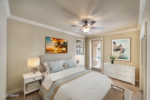 bedroom with access to outside, a textured ceiling, ceiling fan, and crown molding