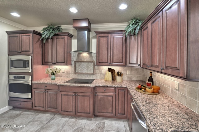 kitchen with ornamental molding, stainless steel appliances, wall chimney exhaust hood, and backsplash