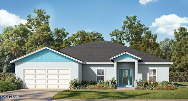 397 Palm Dr, New Smyrna Beach, FL 32168 - ranch-style home featuring a garage, driveway, a front lawn, and stucco siding