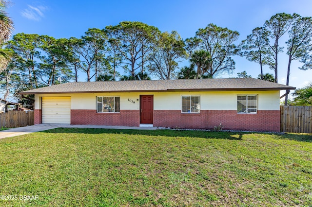 ranch-style home with a garage, driveway, a front yard, and fence