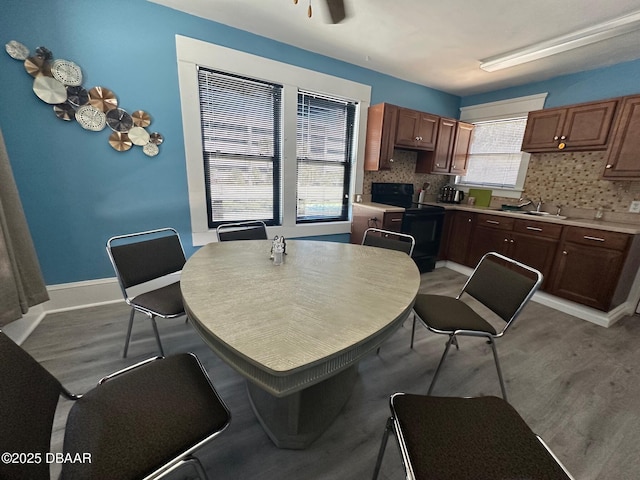 kitchen featuring sink, backsplash, light hardwood / wood-style flooring, and black range with electric cooktop