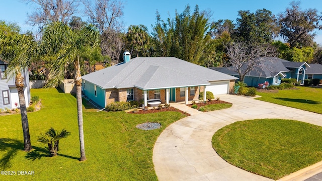 ranch-style home featuring a front yard, an attached garage, brick siding, and driveway