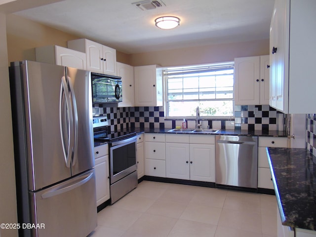 kitchen featuring decorative backsplash, a sink, white cabinetry, and appliances with stainless steel finishes