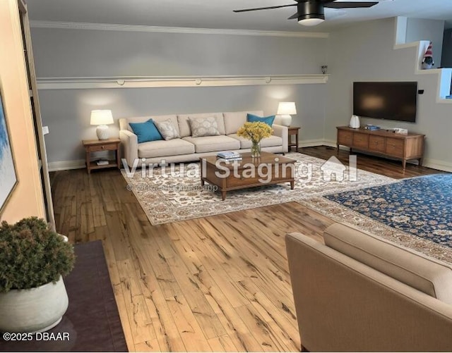 1500 Manor Dr, Daytona Beach, FL 32114 - living area with a ceiling fan, wood-type flooring, baseboards, and crown molding