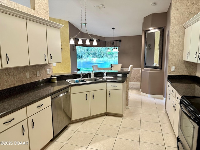 kitchen featuring dishwasher, sink, hanging light fixtures, black / electric stove, and light tile patterned floors