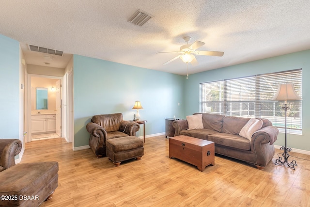 living room featuring ceiling fan, light hardwood / wood-style floors, and a textured ceiling