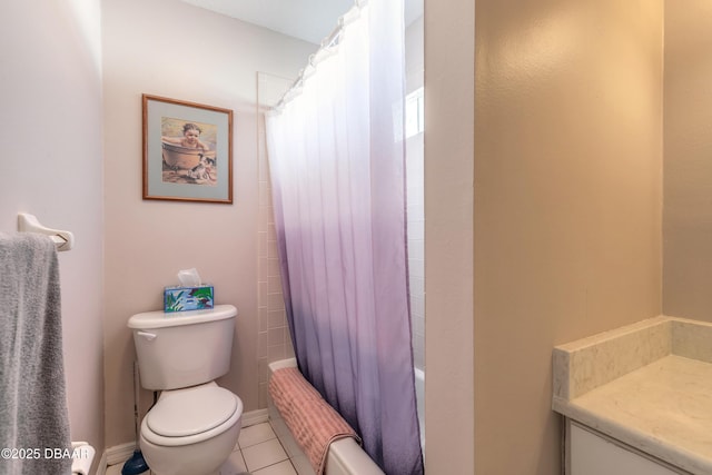 full bathroom with vanity, tile patterned flooring, shower / bathtub combination with curtain, and toilet