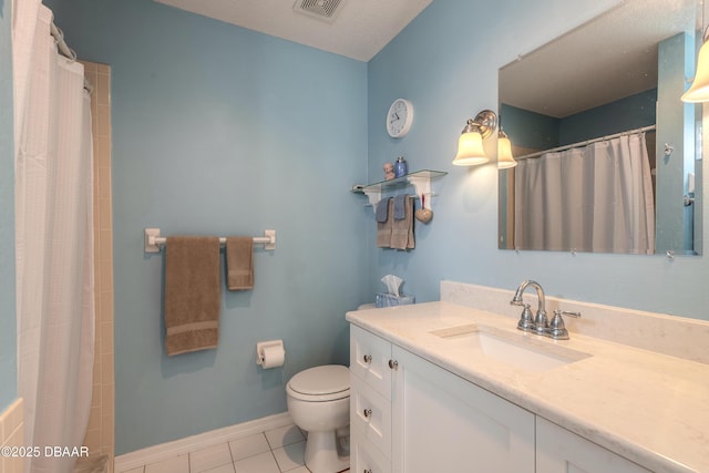 bathroom featuring tile patterned floors, walk in shower, vanity, and toilet