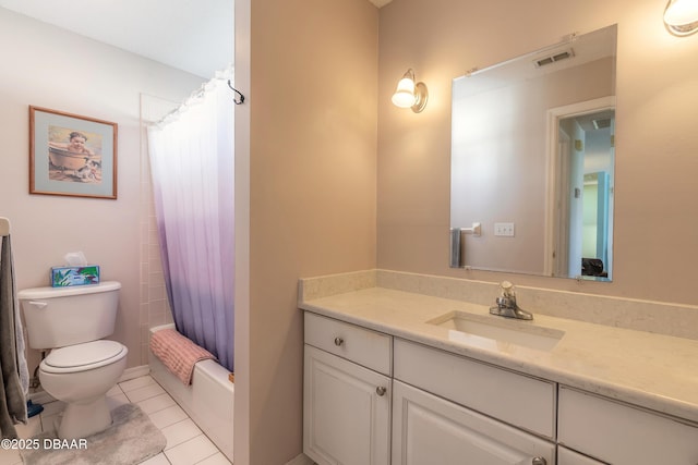 full bathroom featuring tile patterned floors, vanity, toilet, and shower / bathtub combination with curtain