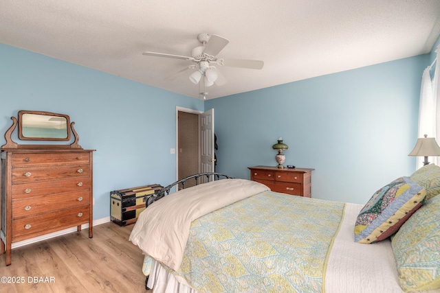 bedroom with light hardwood / wood-style floors and ceiling fan