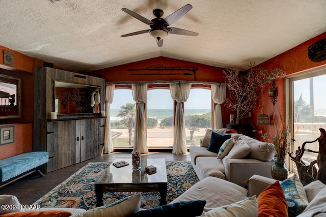 living room with a textured ceiling, ceiling fan, plenty of natural light, and vaulted ceiling