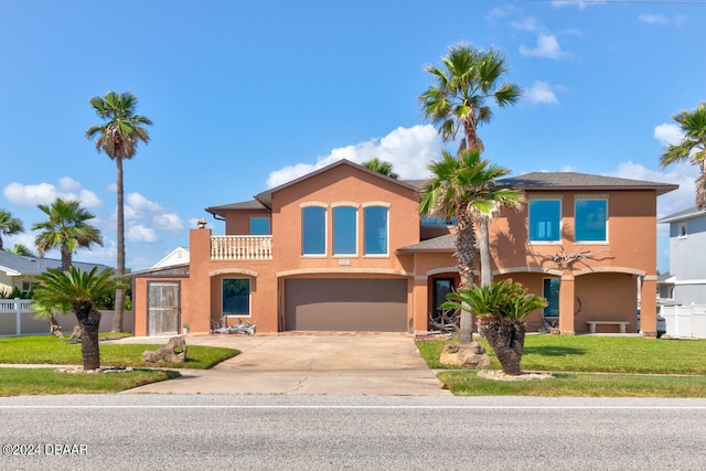 view of front of property featuring a garage, a balcony, and a front yard