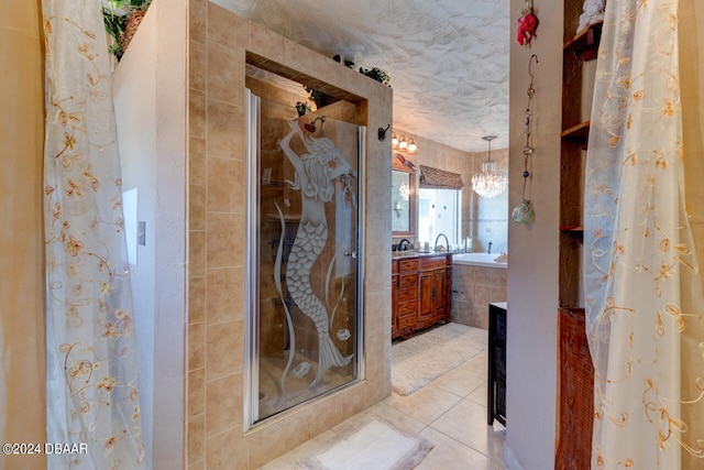 bathroom with vanity, tile patterned floors, a shower with shower curtain, a textured ceiling, and a chandelier