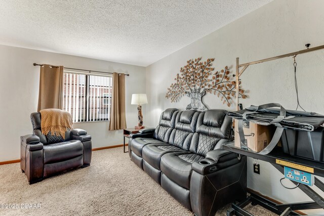 living room featuring a textured ceiling and carpet flooring