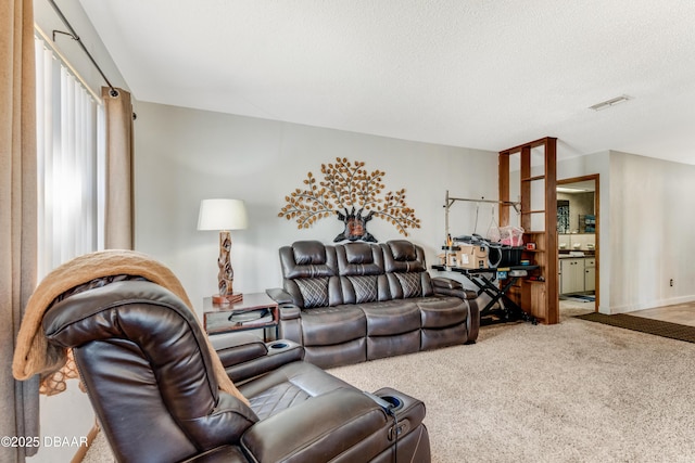 carpeted living room featuring a textured ceiling