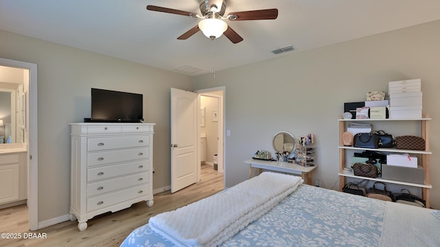 bedroom with ceiling fan, light hardwood / wood-style floors, and ensuite bathroom