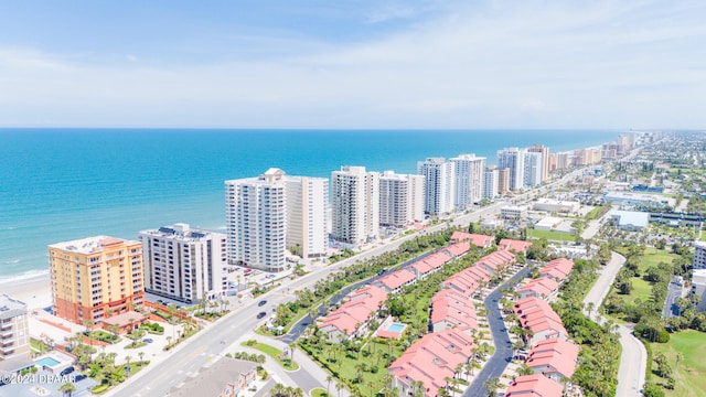 drone / aerial view with a beach view and a water view