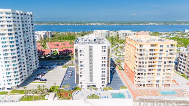 drone / aerial view featuring a water view