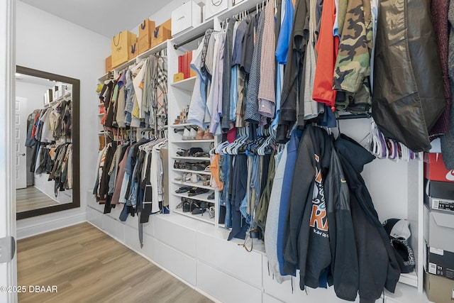 walk in closet with wood finished floors