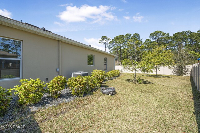 view of yard featuring central AC unit and a fenced backyard