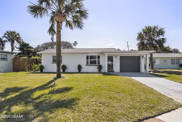 single story home featuring a garage, fence, a front lawn, and concrete driveway