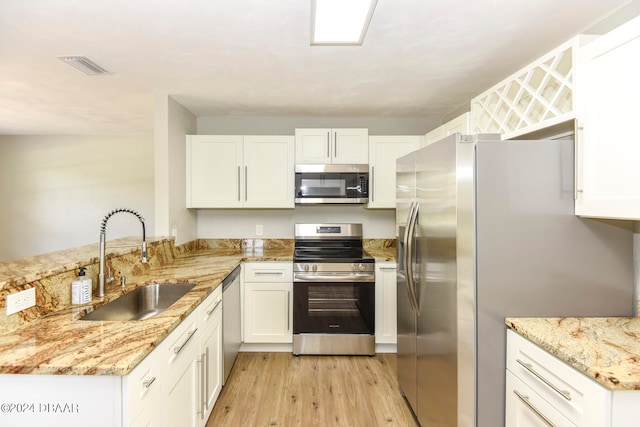 kitchen featuring stainless steel appliances, kitchen peninsula, sink, white cabinetry, and light wood-type flooring