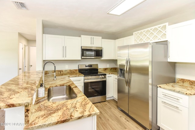 kitchen with stainless steel appliances, kitchen peninsula, sink, white cabinetry, and light wood-type flooring