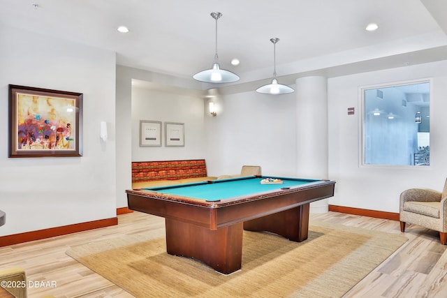 playroom featuring pool table, light wood finished floors, recessed lighting, and baseboards