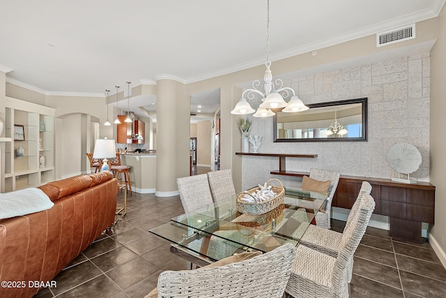 dining area with arched walkways, a chandelier, visible vents, ornamental molding, and tile patterned floors