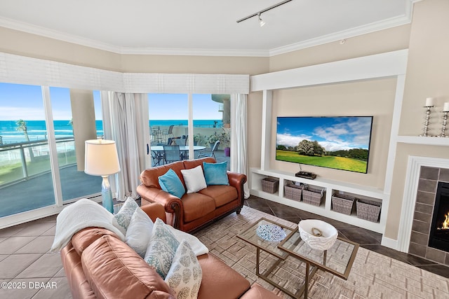 living area with plenty of natural light, ornamental molding, tile patterned flooring, and a tile fireplace