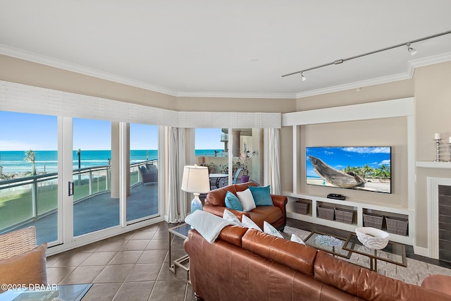 living area with ornamental molding, a water view, and rail lighting