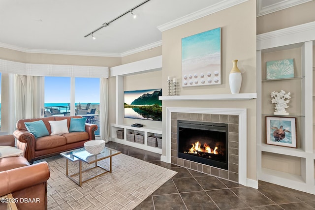 living area featuring dark tile patterned floors, built in shelves, ornamental molding, and a fireplace