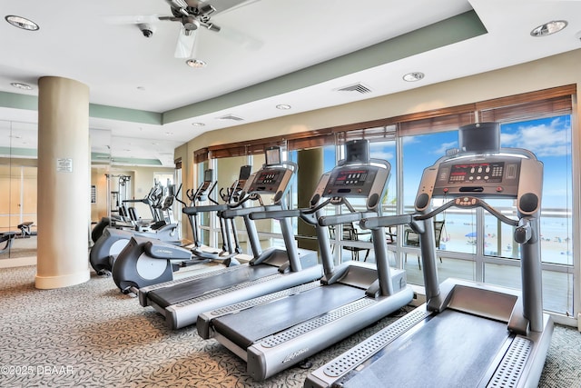 workout area featuring ceiling fan, carpet floors, and visible vents