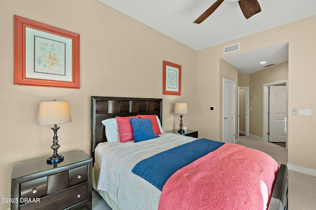 bedroom featuring a ceiling fan, carpet, visible vents, and baseboards