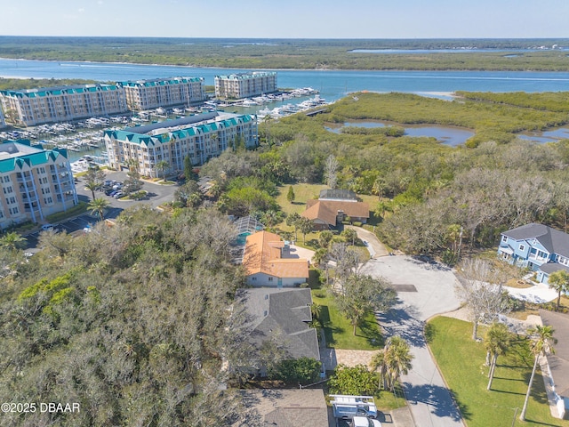 aerial view featuring a water view