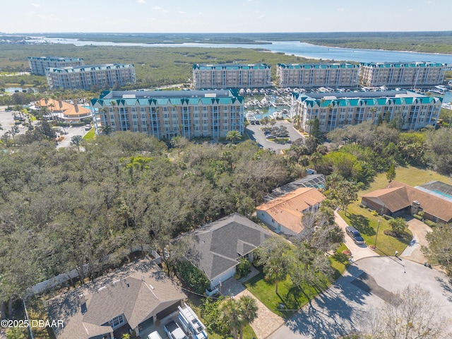 aerial view featuring a water view