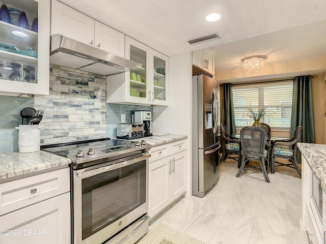 4 Oceans W Blvd Unit 307D, Daytona Beach Shores, FL 32118 - kitchen featuring stainless steel appliances, under cabinet range hood, tasteful backsplash, white cabinets, and recessed lighting