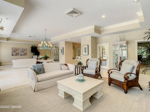 4 Oceans W Blvd Unit 307D, Daytona Beach Shores, FL 32118 - living room featuring a raised ceiling, ornamental molding, healthy amount of natural light, recessed lighting, and a chandelier