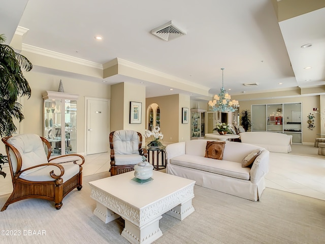 tiled living room featuring crown molding and a notable chandelier