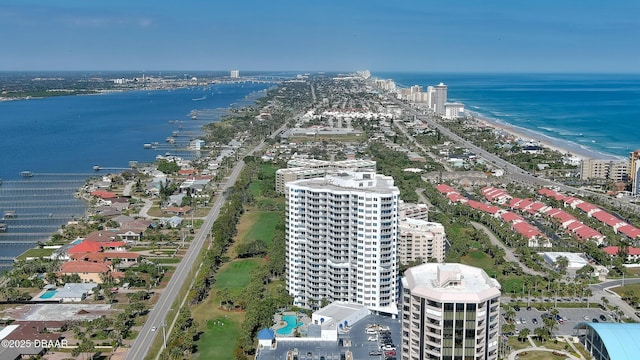 aerial view featuring a water view and a view of the beach