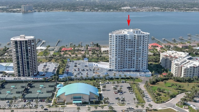 aerial view featuring a water view