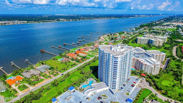 drone / aerial view featuring a water view