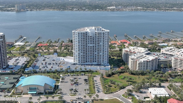 drone / aerial view with a water view