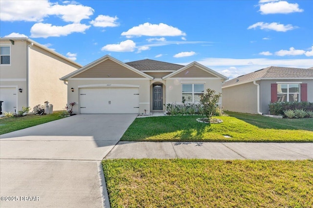 ranch-style house with a front lawn and a garage