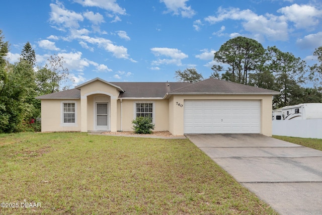 ranch-style house with a front lawn, a garage, driveway, and stucco siding